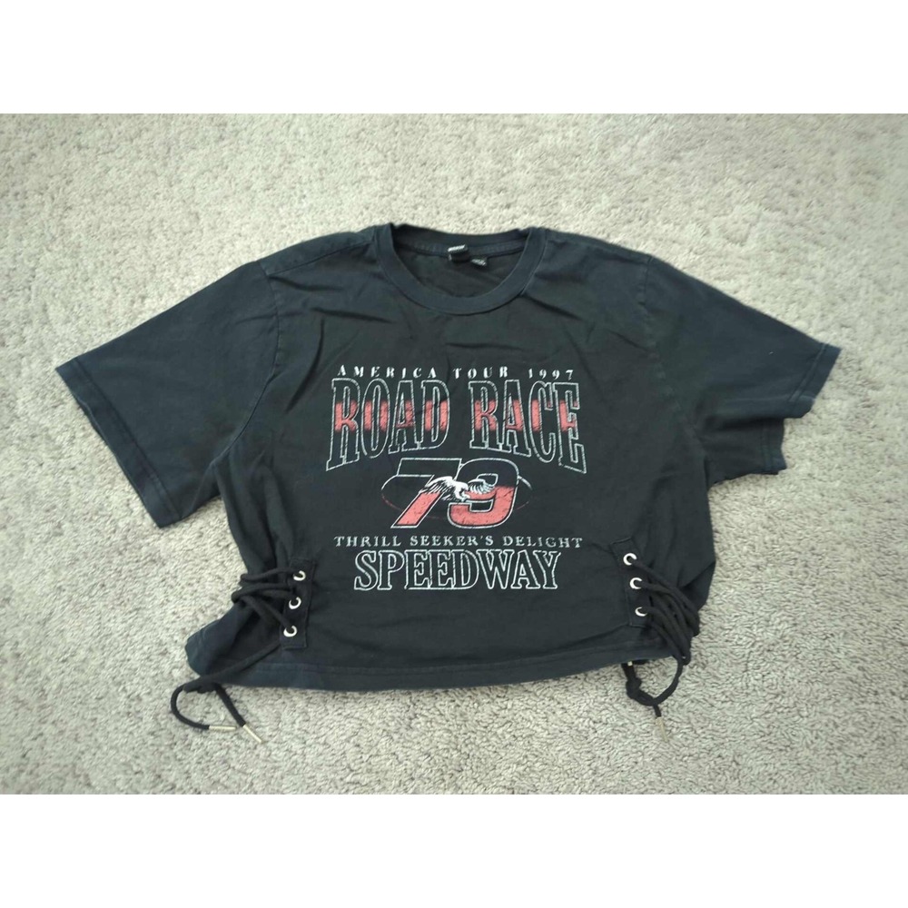 Road Race 79 Shirt Womens S America Tour 1997 Windsor Black Crop Lace Up Sides